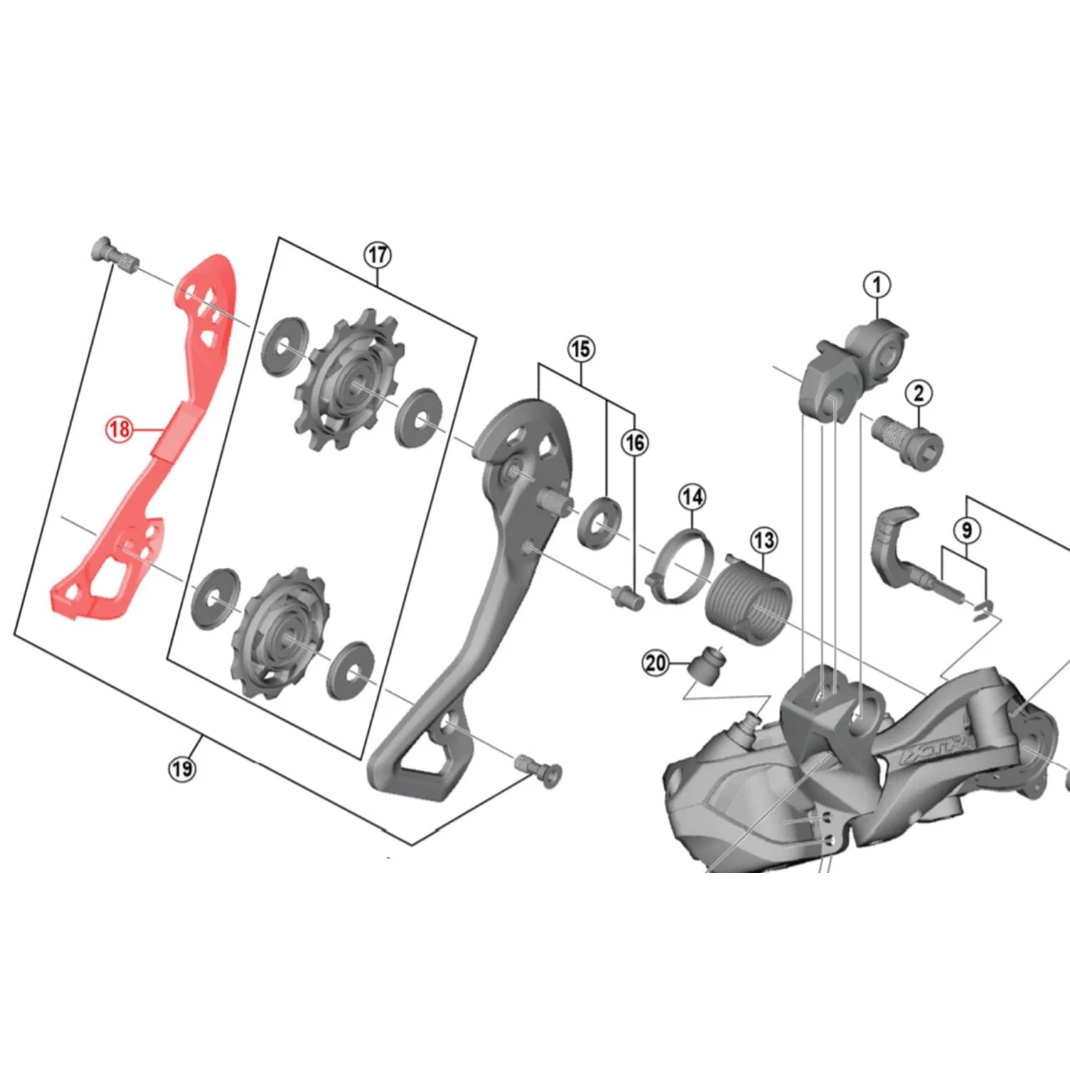 Długi wewnętrzny koszyk przerzutki tylnej SHIMANO XTR Di2 RD-M9050-SGS - Image 2