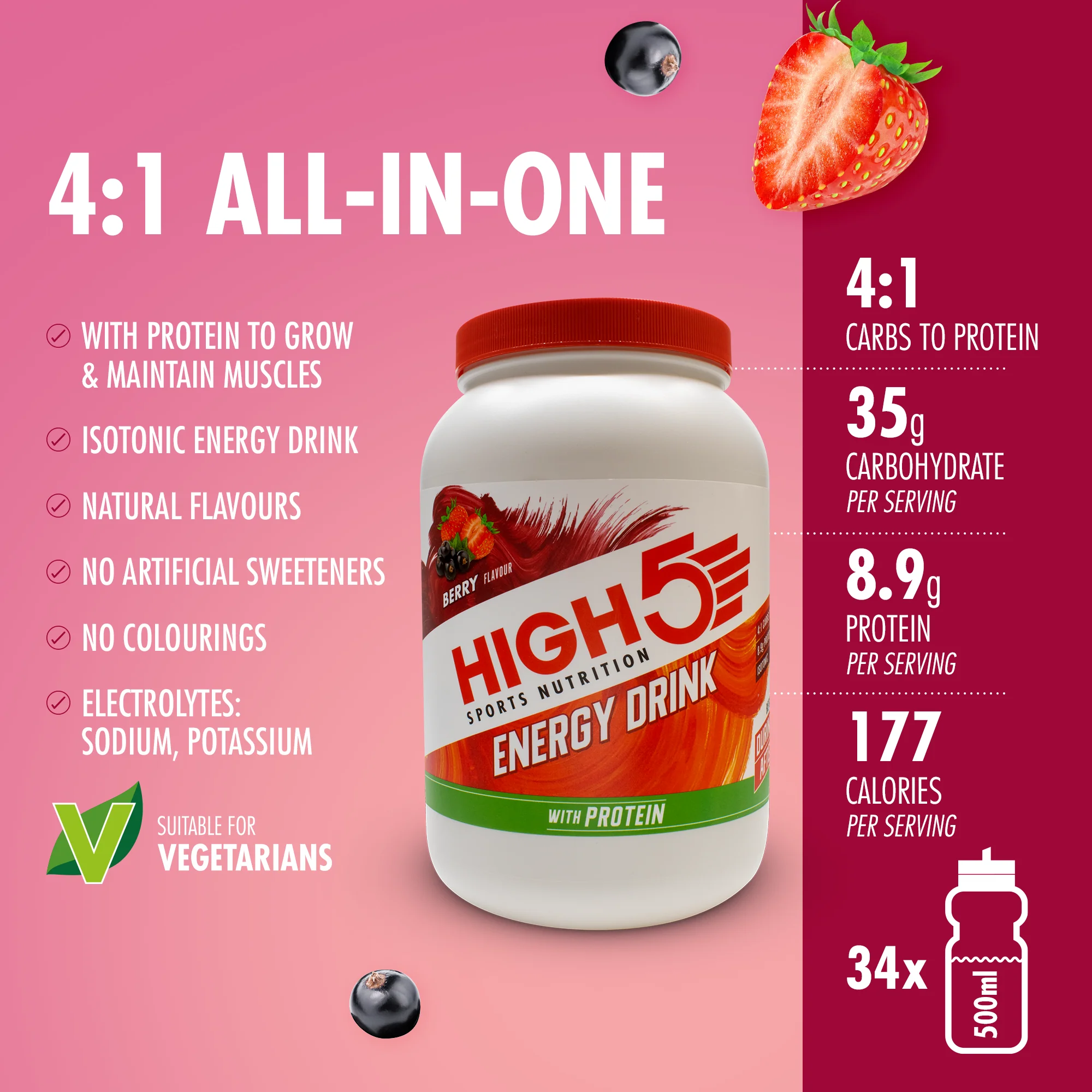 Energy Drink High5 ENERGY DRINK PROTEIN (1,6kg) Czerwone owoce - Image 2