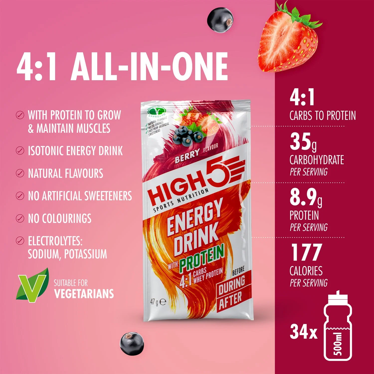 Energy Drink High5 ENERGY DRINK PROTEIN (47g) Czerwone owoce - Image 2