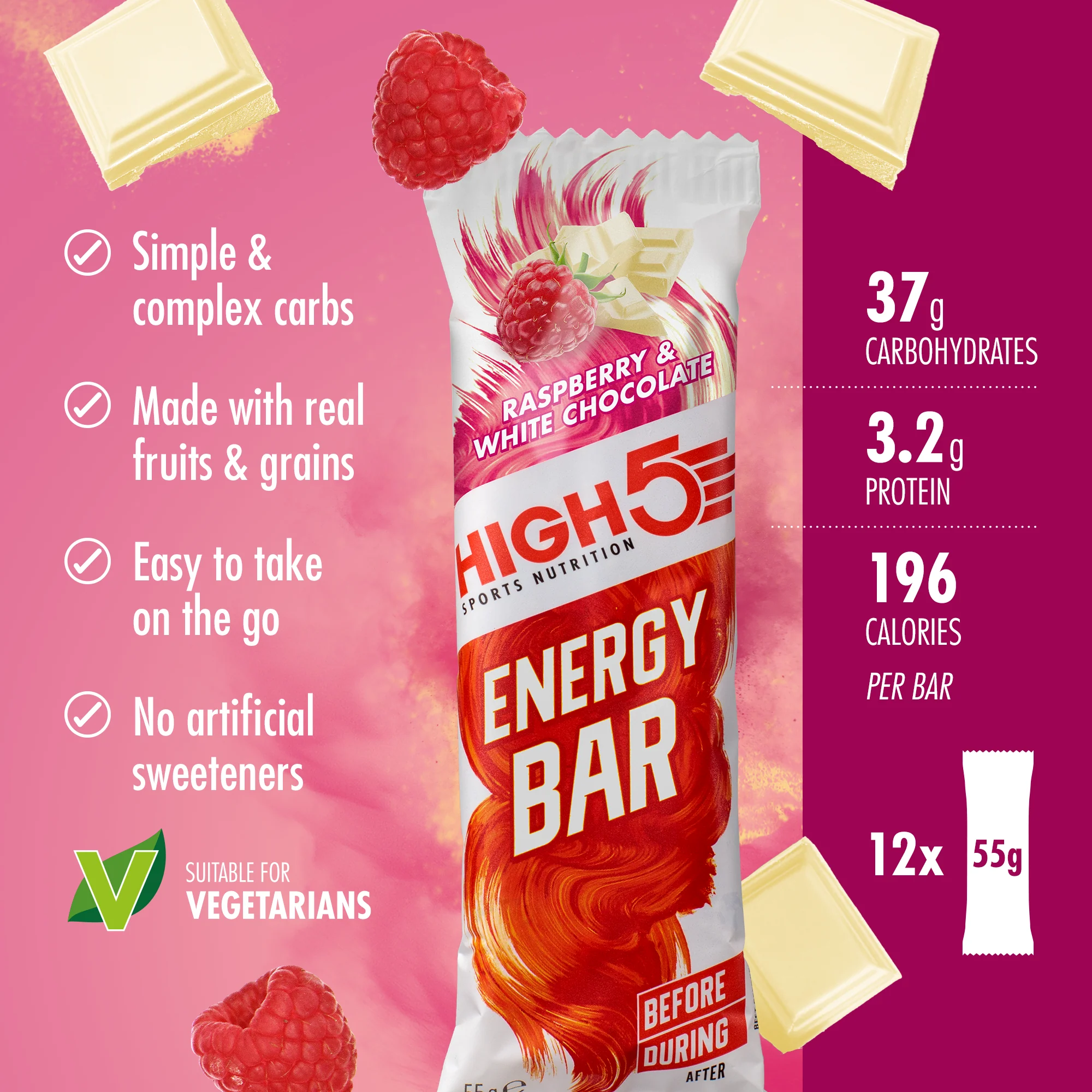 High5 ENERGY BAR (55g) Biała czekolada z malinami - Image 2