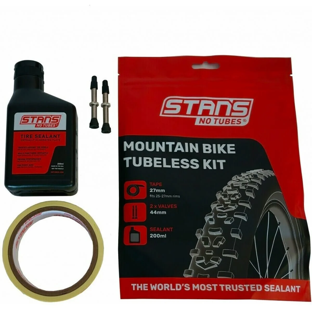 Zestaw bezdętkowy STAN'S ALL MOUNTAIN 27 mm z zaworami 44 mm + płyn zapobiegawczy (200 ml)
