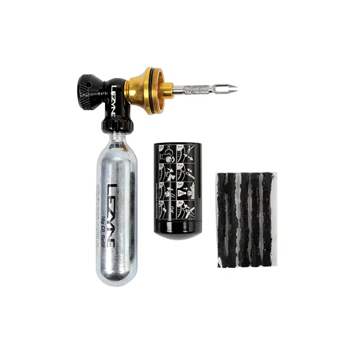 Zestaw naprawczy do opon bezdętkowych CO2 LEZYNE BLASTER + 5 knotów + 2x naboje CO2